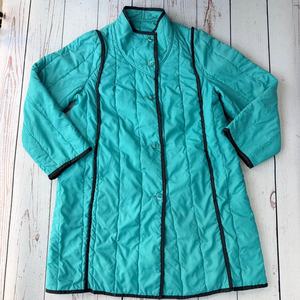 Vintage White Bear of St Paul Teal Quilted Button Front Coat Jacket Made in USA